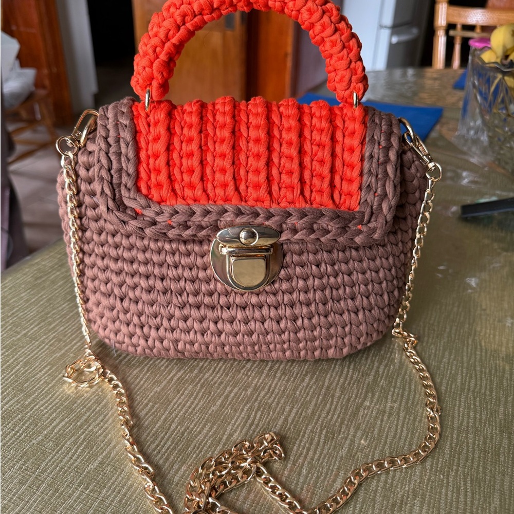 Handmade Crochet Top-Handle Bag in Brown and Orange - Compact Women’s Purse - Picture 3 of 7